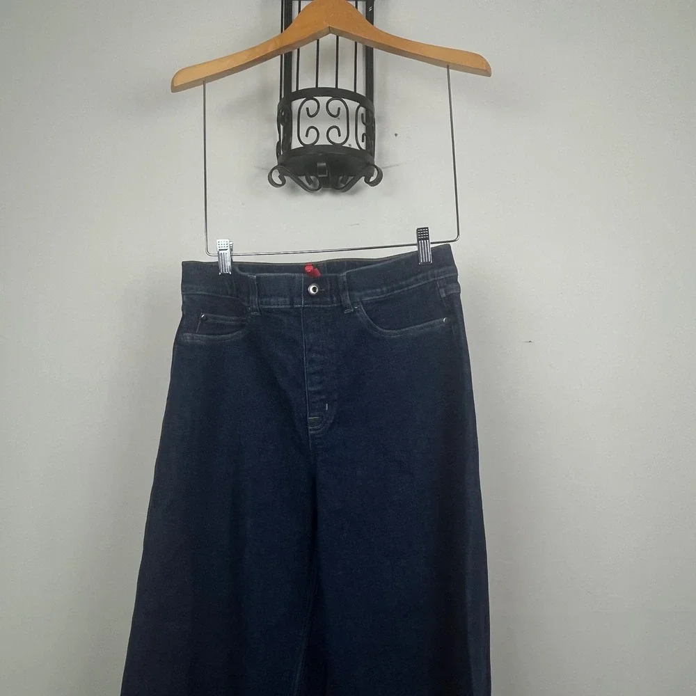 Spanx Wide Leg Jeans Raw Indigo High Rise Pull On Denim 20547T Large Long